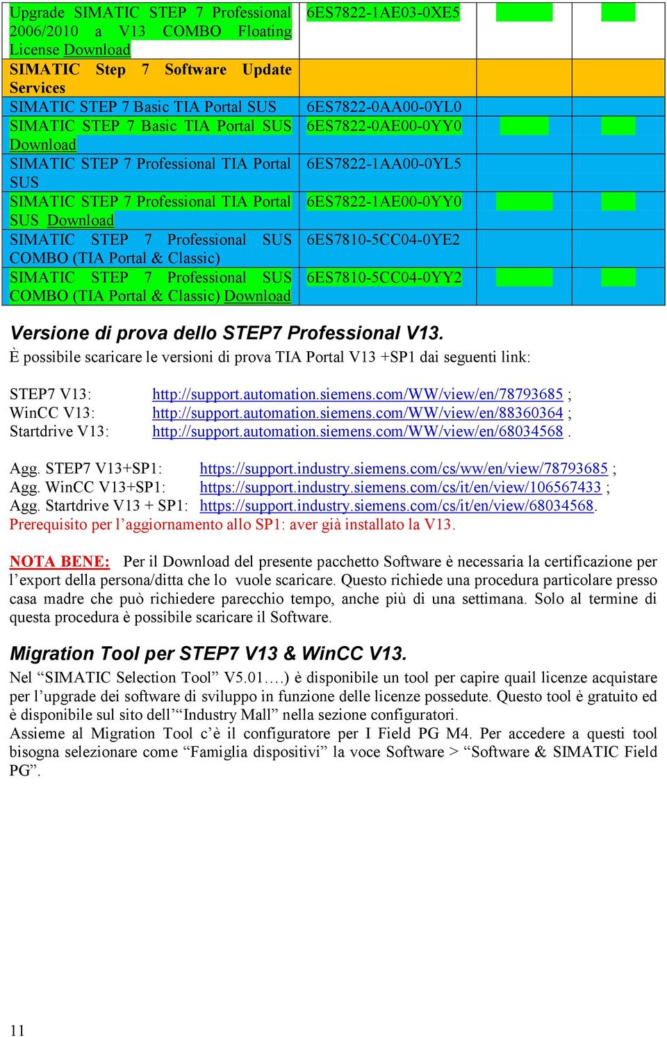 6ES7822-1AE03-0XE5 6ES7822-0AA00-0YL0 6ES7822-0AE00-0YY0 6ES7822-1AA00-0YL5 6ES7822-1AE00-0YY0 6ES7810-5CC04-0YE2 6ES7810-5CC04-0YY2 Versione di prova dello STEP7 Professional V13.