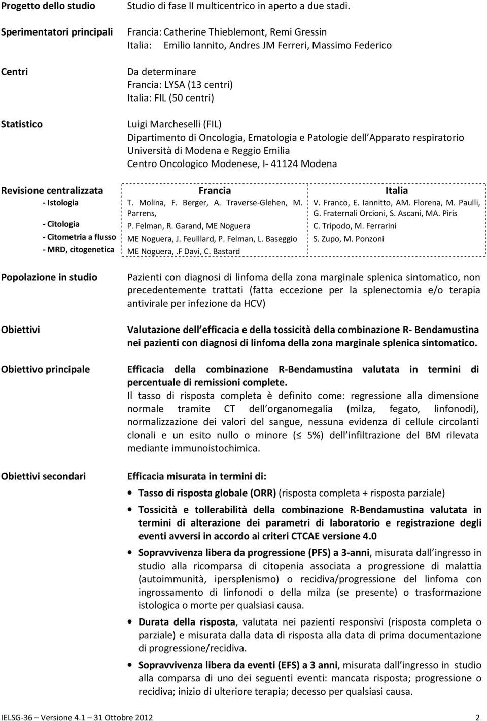 FIL (50 centri) Luigi Marcheselli (FIL) Dipartimento di Oncologia, Ematologia e Patologie dell Apparato respiratorio Università di Modena e Reggio Emilia Centro Oncologico Modenese, I- 41124 Modena