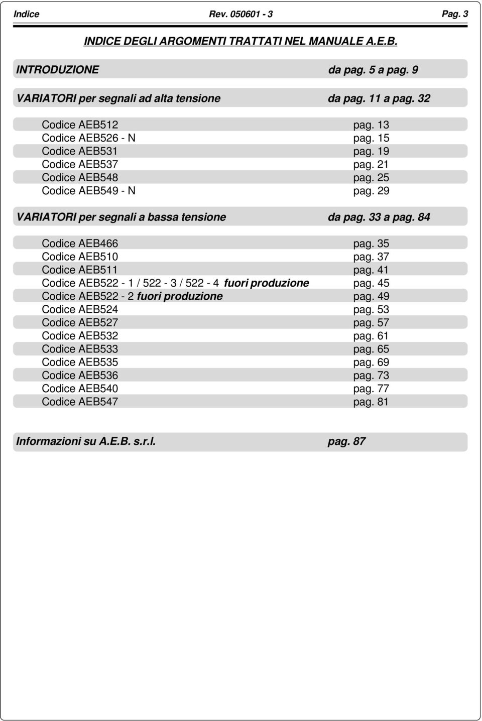 84 Codice AEB466 pag. 35 Codice AEB510 pag. 37 Codice AEB511 pag. 41 Codice AEB522-1 / 522-3 / 522-4 fuori produzione pag. 45 Codice AEB522-2 fuori produzione pag.