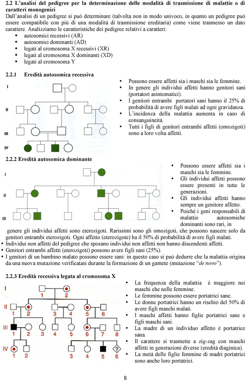 Analizziamo le caratteristiche dei pedigree relativi a caratteri: autosomici recessivi (AR) autosomici dominanti (AD) legati al cromosoma X recessivi (XR) legati al cromosoma X dominanti (XD) legati