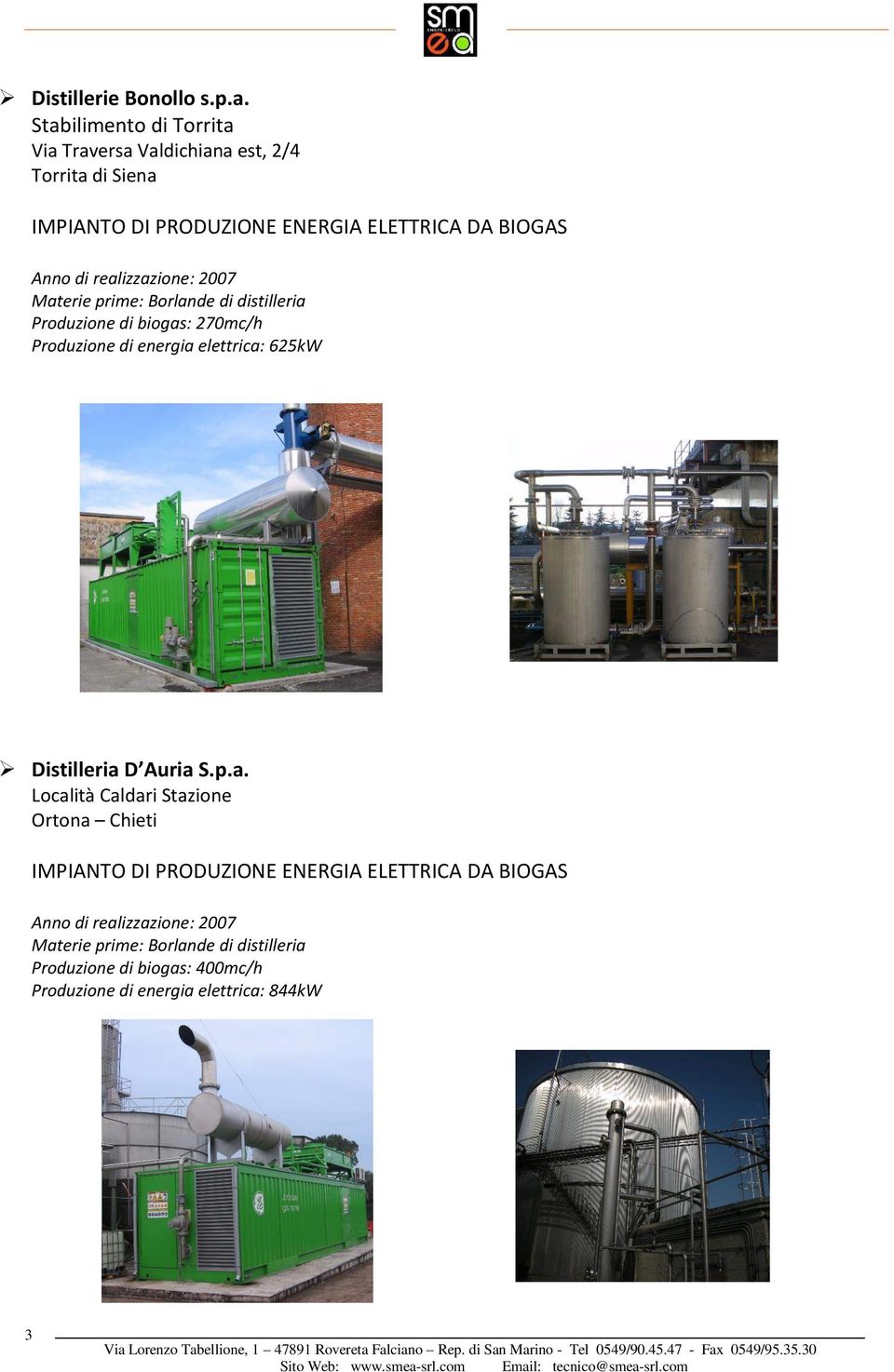 prime: Borlande di distilleria Produzione di biogas: 270mc/h Produzione di energia elettrica: 625kW