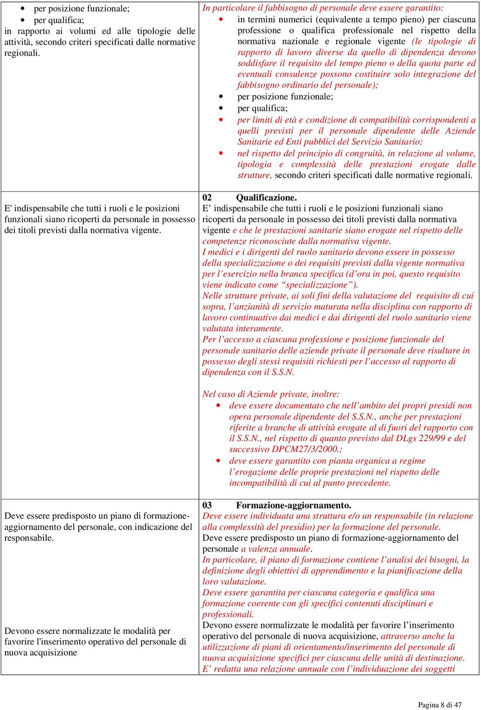 nazionale e regionale vigente (le tipologie di rapporto di lavoro diverse da quello di dipendenza devono soddisfare il requisito del tempo pieno o della quota parte ed eventuali consulenze possono