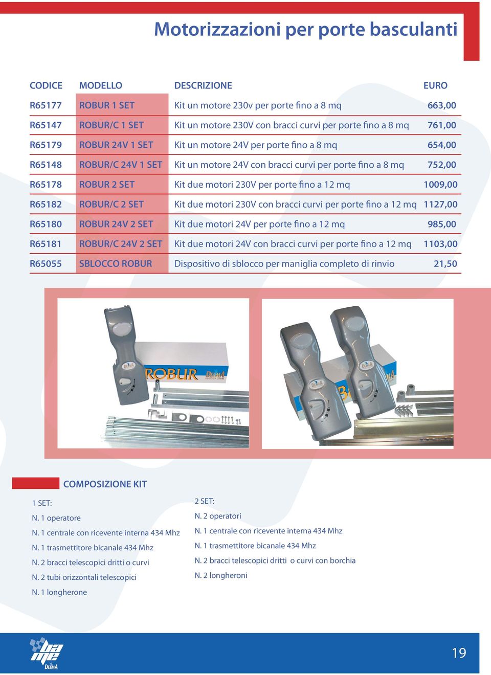 porte fino a 12 mq 1009,00 R65182 ROBUR/C 2 SET Kit due motori 230V con bracci curvi per porte fino a 12 mq 1127,00 R65180 ROBUR 24V 2 SET Kit due motori 24V per porte fino a 12 mq 985,00 R65181