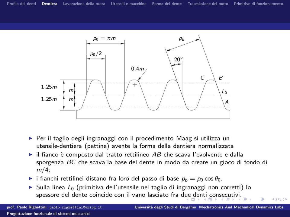 dal tratto rettilineo AB che scava l evolvente e dalla sporgenza BC che scava la base del dente in modo da creare un gioco di fondo di m/4; i fianchi rettilinei distano fra loro del