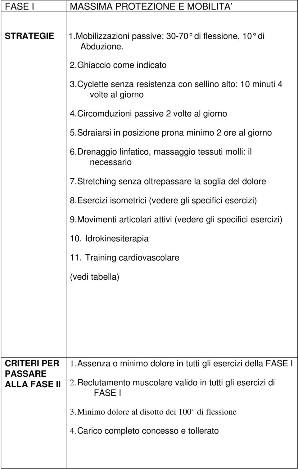 Drenaggio linfatico, massaggio tessuti molli: il necessario 7. Stretching senza oltrepassare la soglia del dolore 8. Esercizi isometrici (vedere gli specifici esercizi) 9.