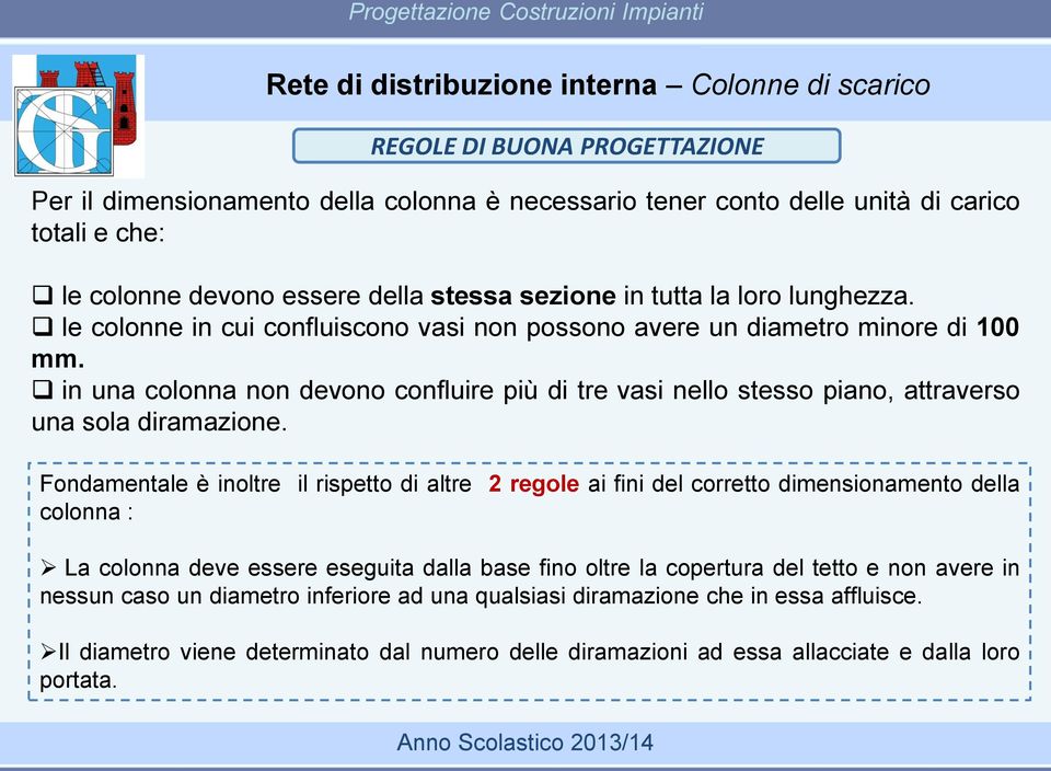 in una colonna non devono confluire più di tre vasi nello stesso piano, attraverso una sola diramazione.