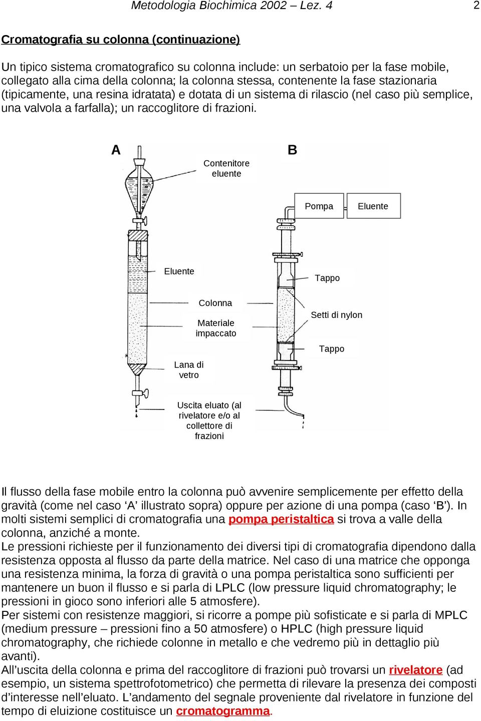 A Contenitore eluente Pompa Eluente Eluente Lana di vetro Colonna Materiale impaccato Tappo Setti di nylon Tappo Uscita eluato (al rivelatore e/o al collettore di frazioni Il flusso della fase mobile