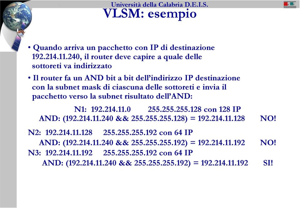 ciascuna delle sottoreti e invia il pacchetto verso la subnet risultato dell AND: N1: 192.214.11.0 255.255.255.128 con 128 IP AND: (192.214.11.240 && 255.