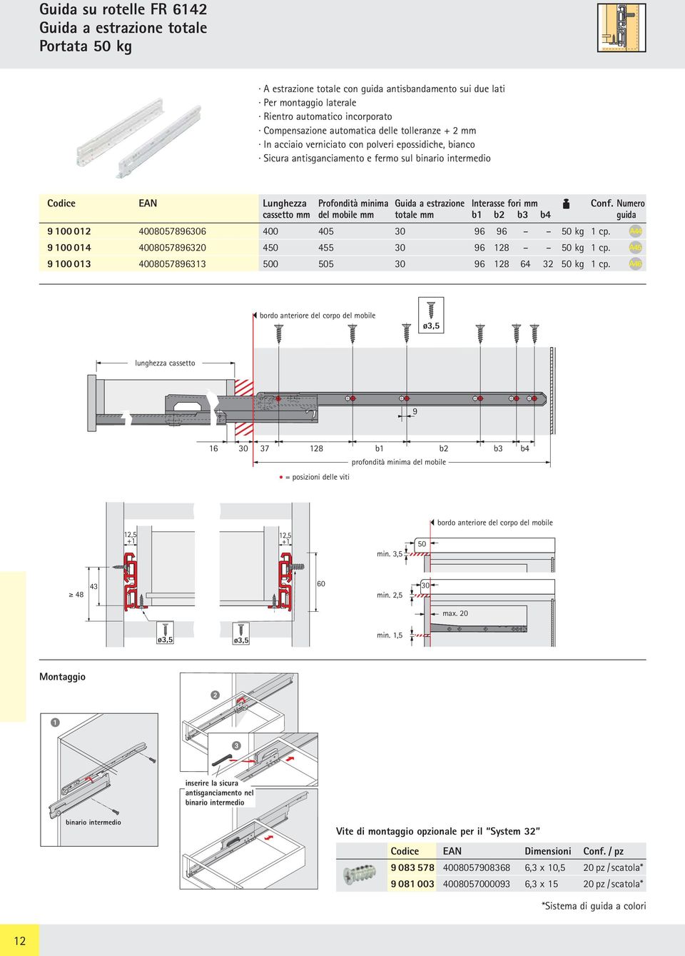estrazione Interasse fori mm D Conf. Numero cassetto mm del mobile mm totale mm b1 b2 b3 b4 guida 9 100 012 4008057896306 400 405 30 96 96 50 kg 1 cp.