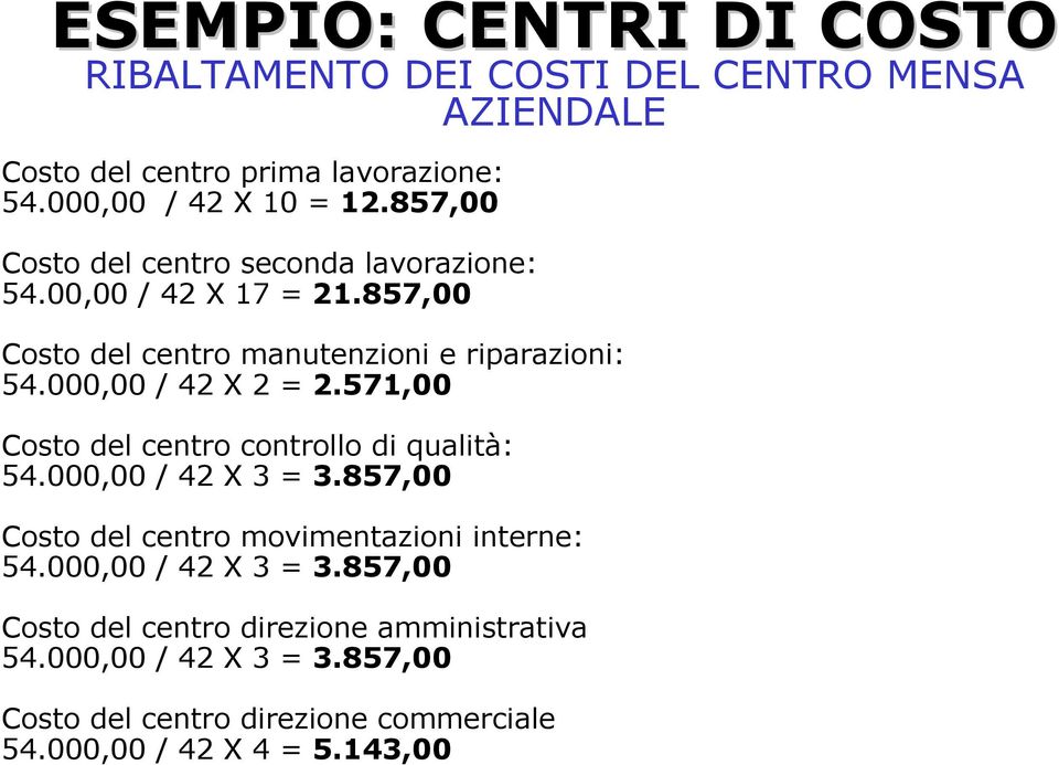 000,00 / 42 X 2 = 2.571,00 Costo del centro controllo di qualità: 54.000,00 / 42 X 3 = 3.