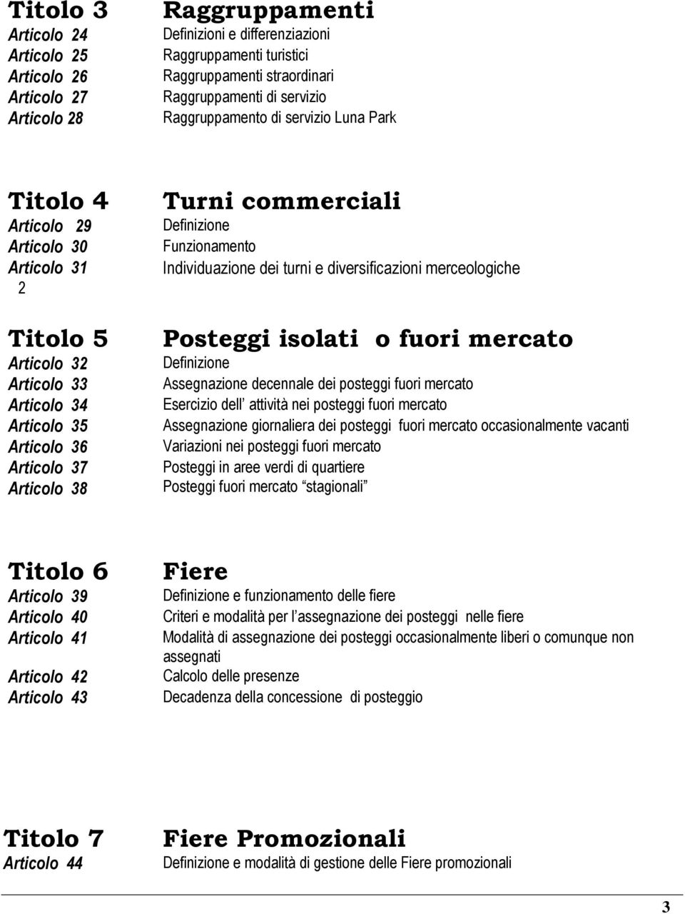 Definizione Funzionamento Individuazione dei turni e diversificazioni merceologiche Posteggi isolati o fuori mercato Definizione Assegnazione decennale dei posteggi fuori mercato Esercizio dell