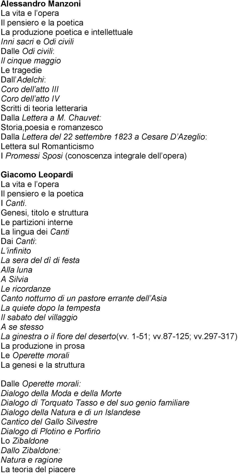 Chauvet: Storia,poesia e romanzesco Dalla Lettera del 22 settembre 1823 a Cesare D Azeglio: Lettera sul Romanticismo I Promessi Sposi (conoscenza integrale dell opera) Giacomo Leopardi e l opera I