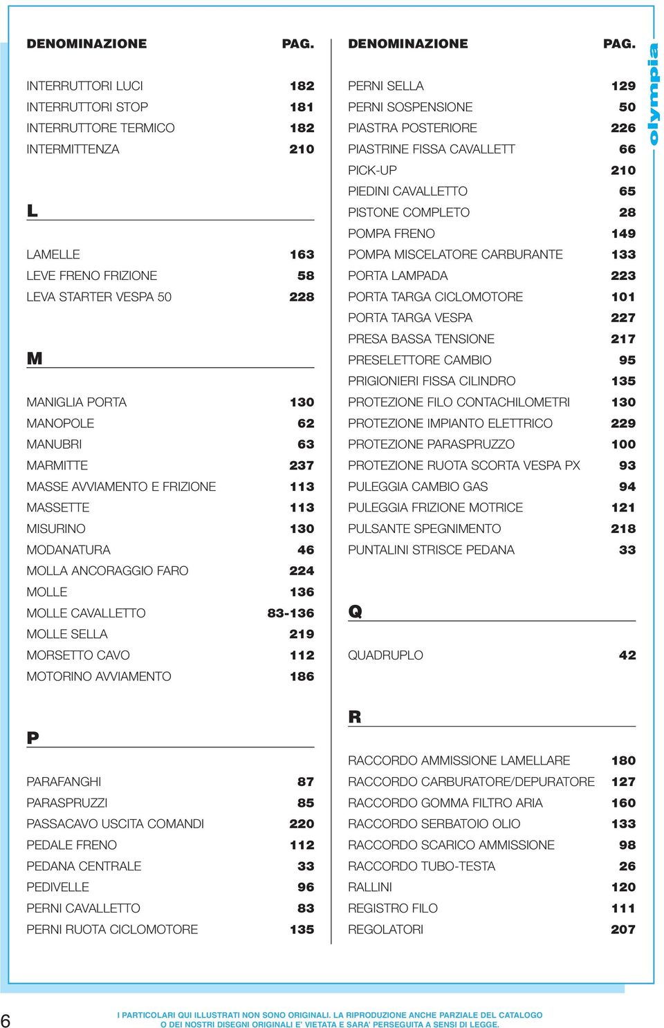 MARMITTE 237 MASSE AVVIAMENTO E FRIZIONE 113 MASSETTE 113 MISURINO 130 MODANATURA 46 MOLLA ANCORAGGIO FARO 224 MOLLE 136 MOLLE CAVALLETTO 83-136 MOLLE SELLA 219 MORSETTO CAVO 112 MOTORINO AVVIAMENTO