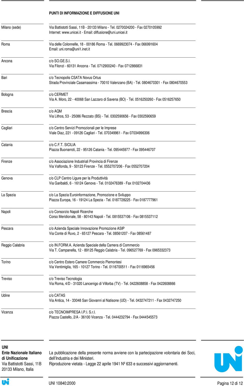 it Ancona Bari Bologna Brescia Cagliari Catania Firenze Genova La Spezia Napoli Pescara Reggio Calabria Torino Treviso Udine Vicenza c/o SO.GE.S.I. Via Filonzi - 60131 Ancona - Tel.