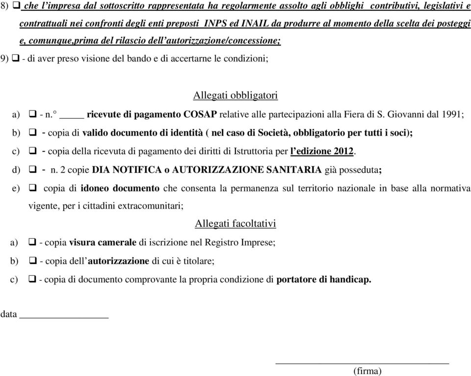 ricevute di pagamento COSAP relative alle partecipazioni alla Fiera di S.