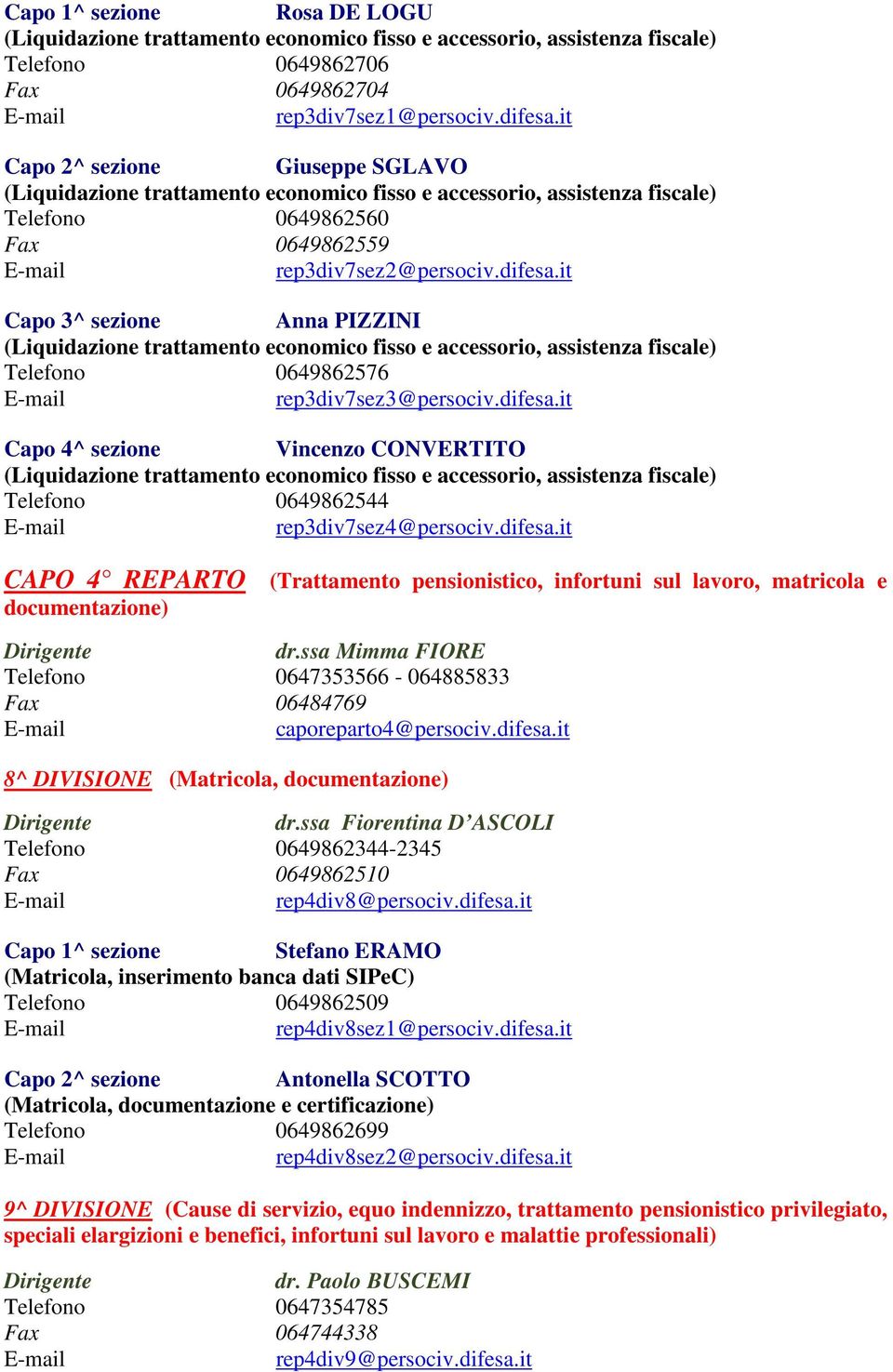 it Anna PIZZINI (Liquidazione trattamento economico fisso e accessorio, assistenza fiscale) Telefono 0649862576 rep3div7sez3@persociv.difesa.