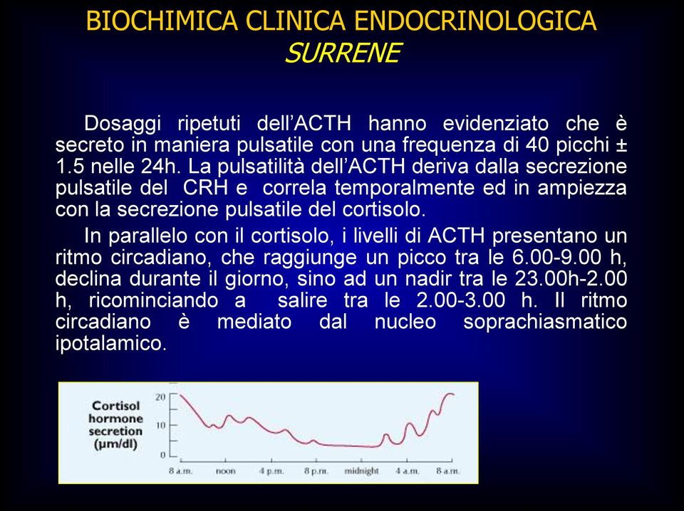 cortisolo. In parallelo con il cortisolo, i livelli di ACTH presentano un ritmo circadiano, che raggiunge un picco tra le 6.00-9.