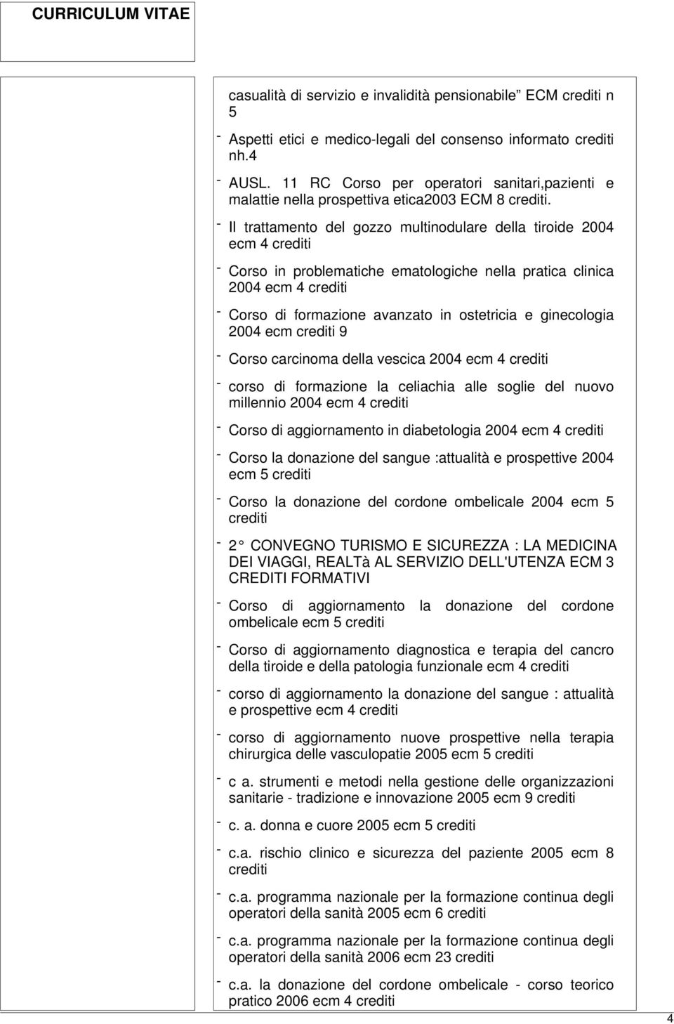 - Il trattamento del gozzo multinodulare della tiroide 2004 ecm 4 - Corso in problematiche ematologiche nella pratica clinica 2004 ecm 4 - Corso di formazione avanzato in ostetricia e ginecologia