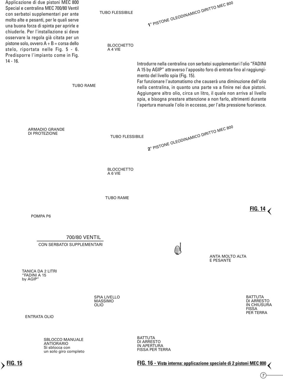 TUBO RAME TUBO FLESSIBILE BLOCCHETTO A 4 VIE 1 PISTONE OLEODINAMICO DIRITTO MEC 800 Introdurre nella centralina con serbatoi supplementari l'olio FADINI A 15 by AGIP attraverso l'apposito foro di