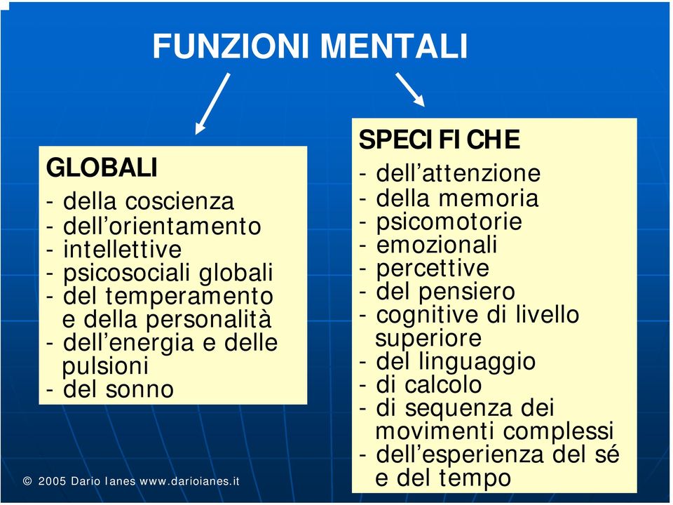 attenzione - della memoria -psicomotorie -emozionali - percettive - del pensiero - cognitive di livello
