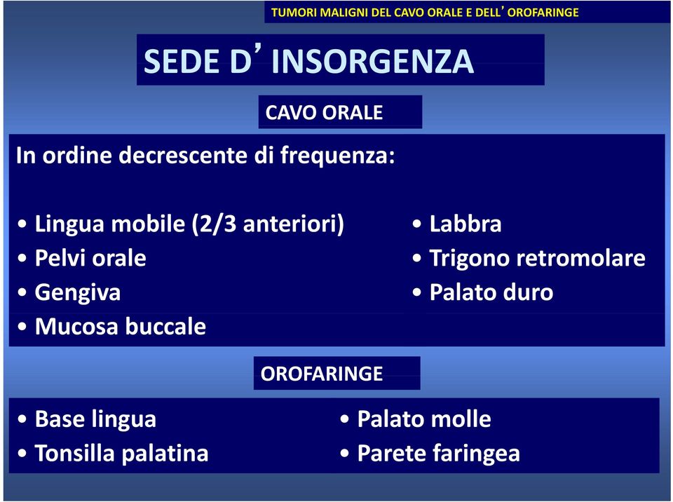 Pelvi orale Gengiva Mucosa buccale Labbra Ti Trigono retromolare Palato