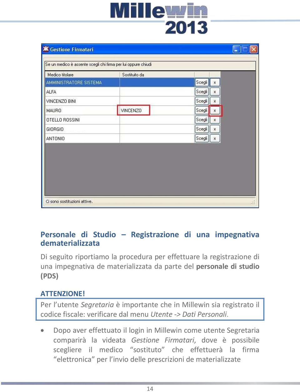 Per l utente Segretaria è importante che in Millewin sia registrato il codice fiscale: verificare dal menu Utente -> Dati Personali.