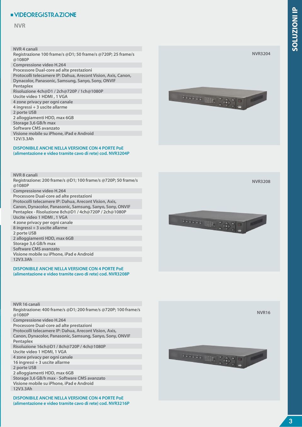 1ch@1080P Uscite video 1 HDMI, 1 VGA 4 zone privacy per ogni canale 4 ingressi + 3 uscite allarme 2 porte USB 2 alloggiamenti HDD, max 6GB Storage 3,6 GB/h max Software CMS avanzato Visione mobile su