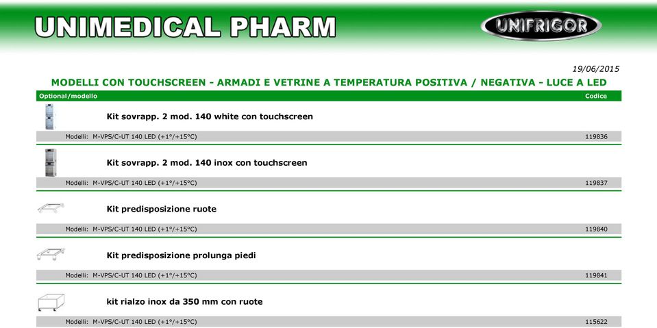 140 inox con touchscreen Modelli: M-VPS/C-UT 140 LED (+1 /+15 C) 119837 Kit predisposizione ruote Modelli: M-VPS/C-UT 140 LED (+1 /+15