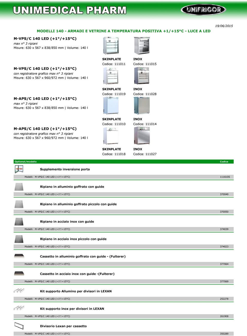 838/850 mm Volume: 140 l SKINPLATE Codice: 111019 Codice: 111028 M-APS/C 140 LED (+1 /+15 C) con registratore grafico max n 3 ripiani Misure: 630 x 567 x 960/972 mm Volume: 140 l SKINPLATE Codice:
