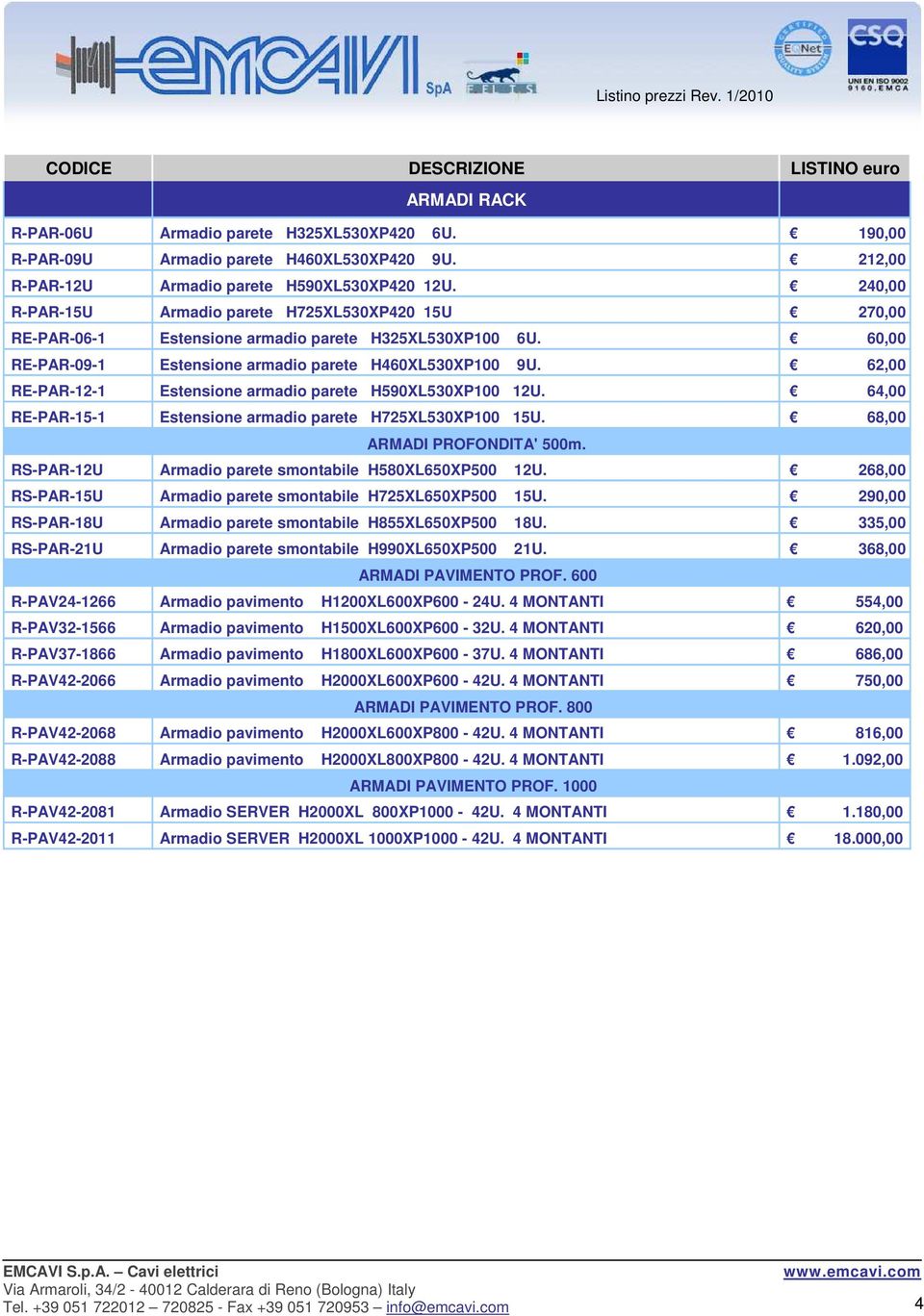 62,00 RE-PAR-12-1 Estensione armadio parete H590XL530XP100 12U. 64,00 RE-PAR-15-1 Estensione armadio parete H725XL530XP100 15U. 68,00 ARMADI PROFONDITA' 500m.