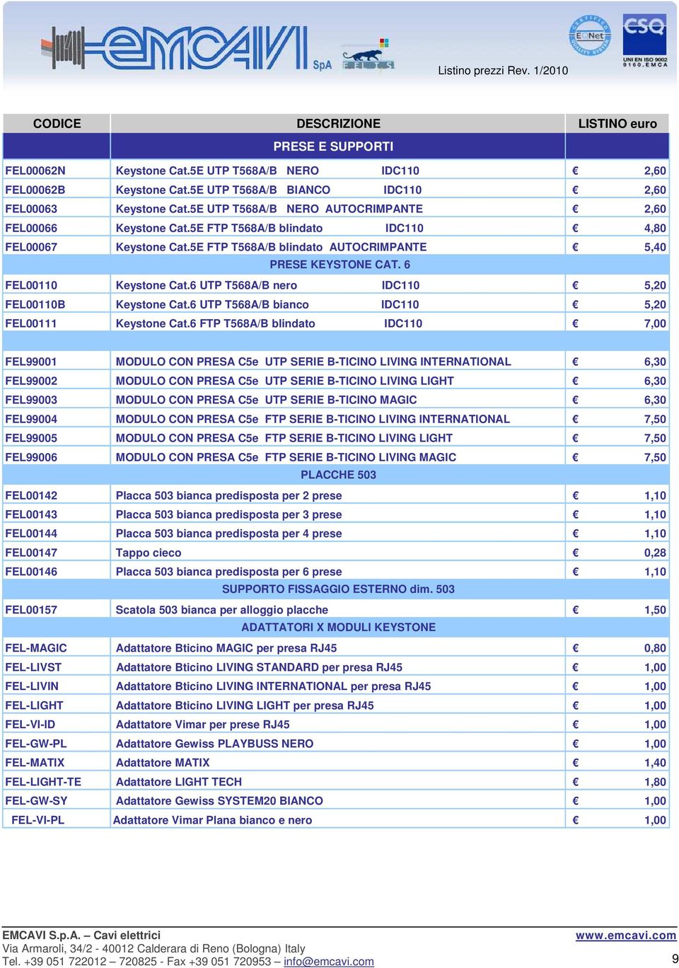 6 FEL00110 Keystone Cat.6 UTP T568A/B nero IDC110 5,20 FEL00110B Keystone Cat.6 UTP T568A/B bianco IDC110 5,20 FEL00111 Keystone Cat.