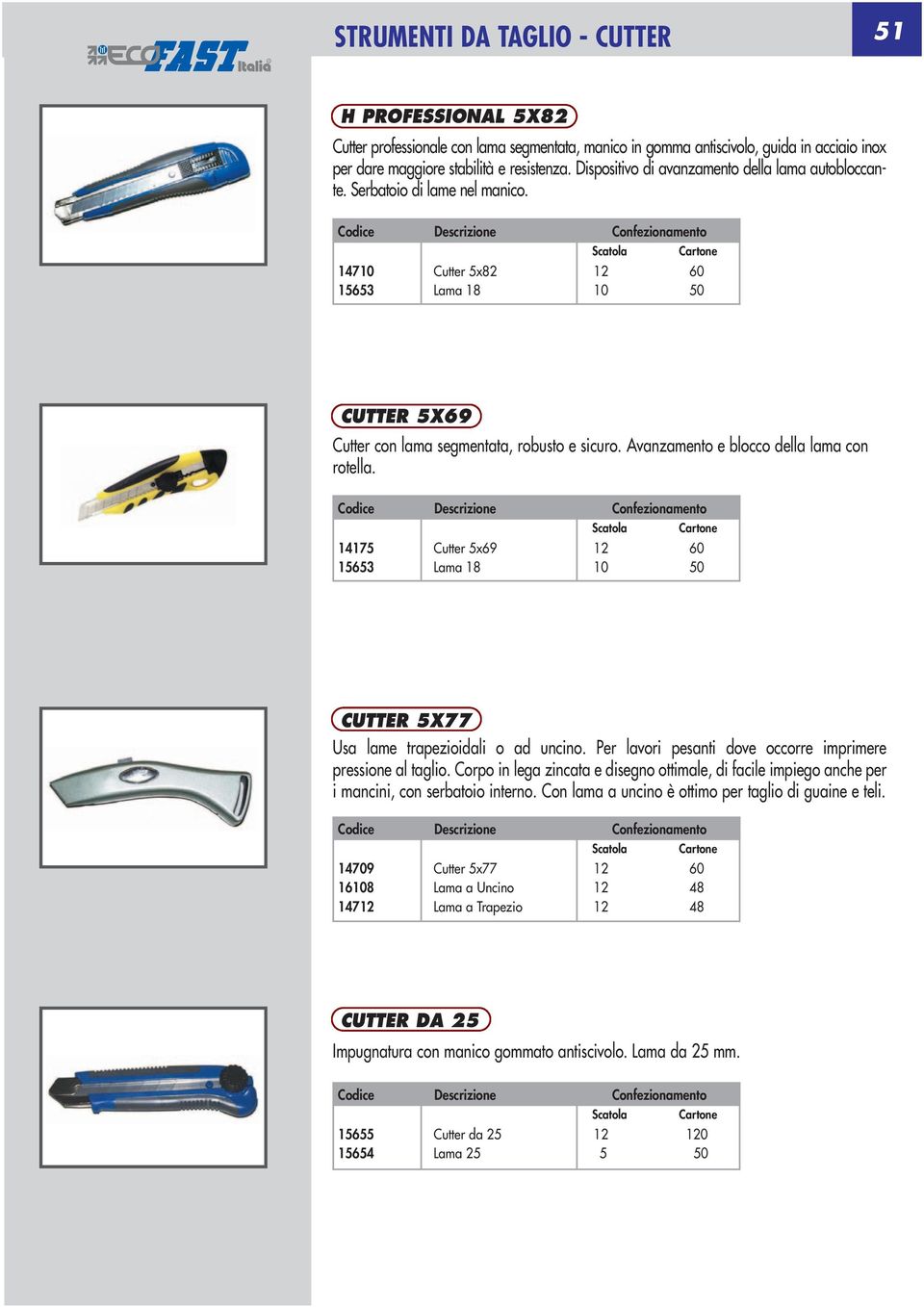 Avanzamento e blocco della lama con rotella. 475 5653 Cartone Cutter 5x69 2 60 Lama 8 0 50 CUTTER 5X77 Usa lame trapezioidali o ad uncino.