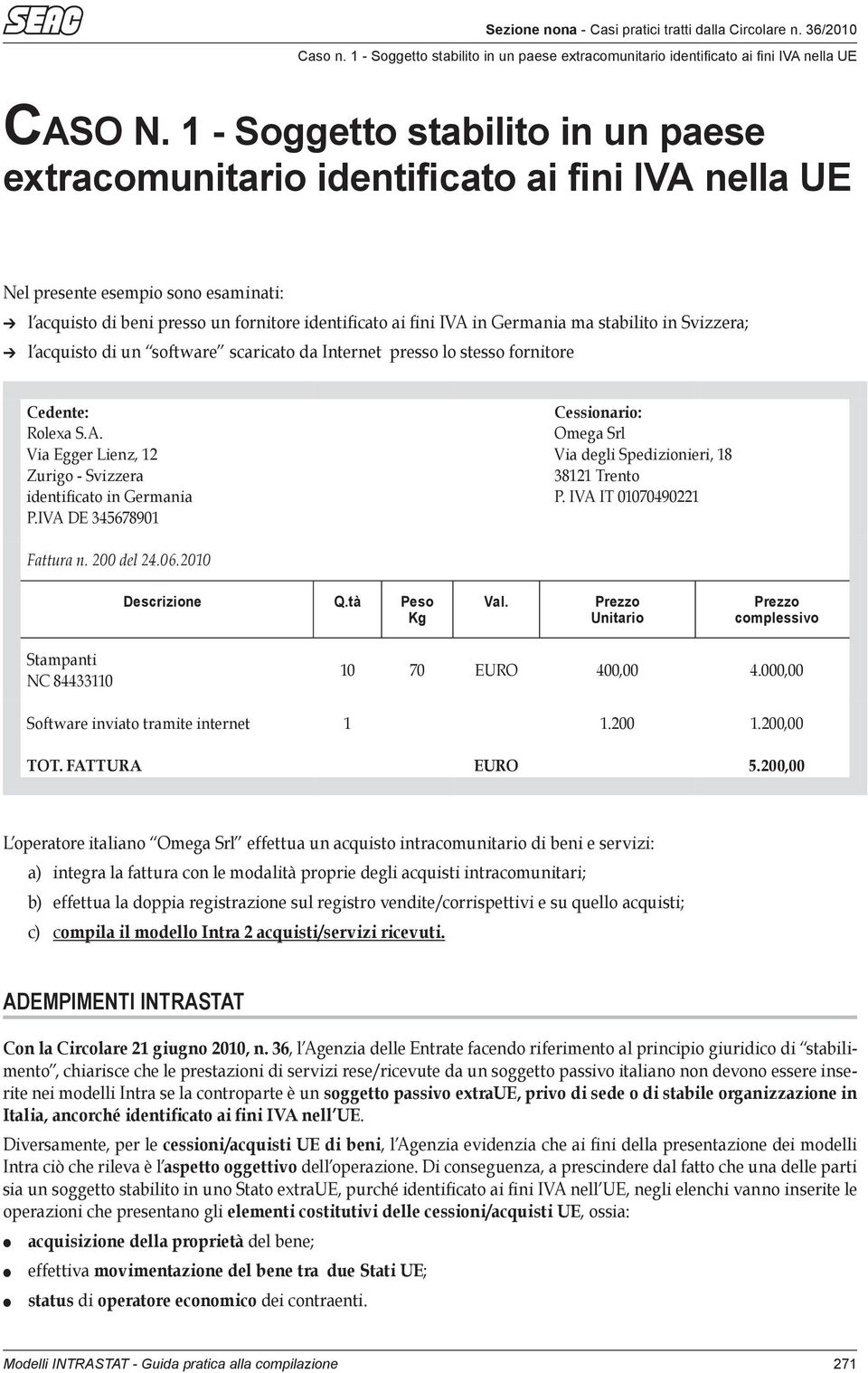 ma stabilito in Svizzera; l acquisto di un software scaricato da Internet presso lo stesso fornitore Cedente: Rolexa S.A. Via Egger Lienz, 12 Zurigo - Svizzera identificato in Germania P.