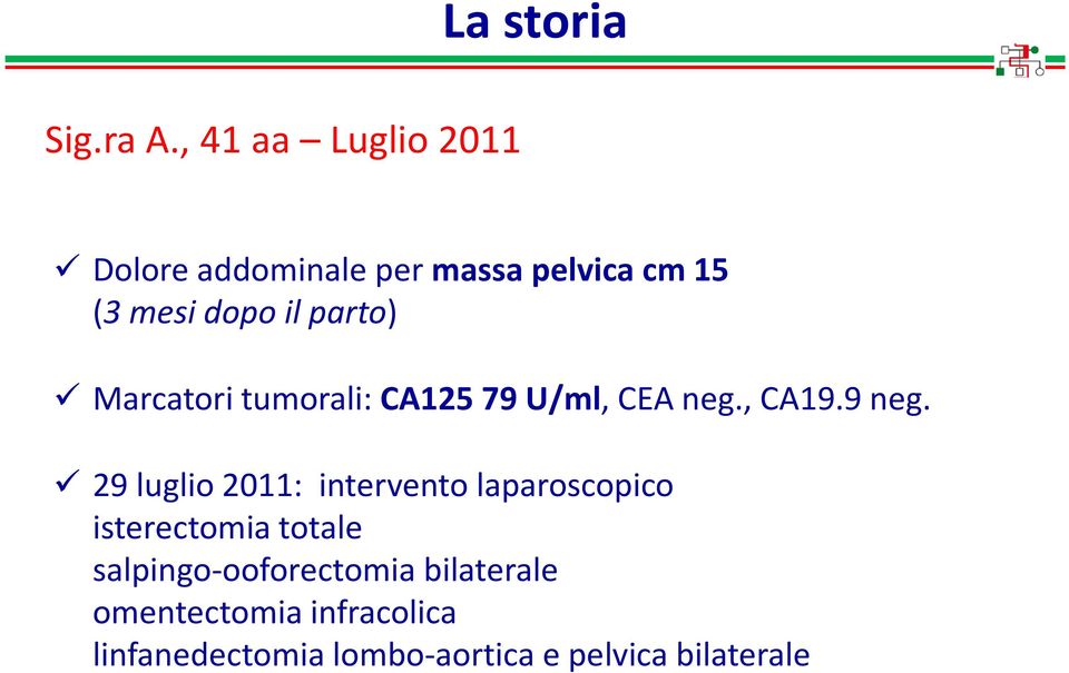 parto) Marcatori tumorali: CA125 79 U/ml, CEA neg., CA19.9 neg.