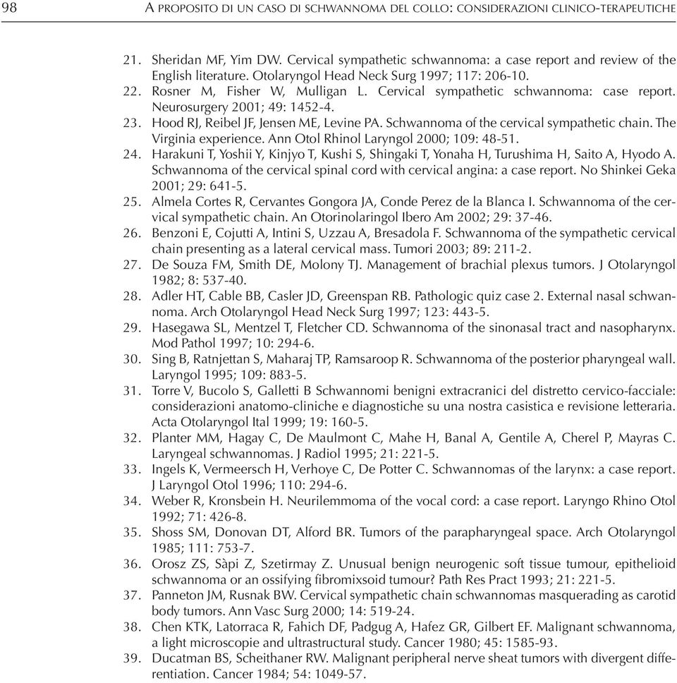 Hood RJ, Reibel JF, Jensen ME, Levine PA. Schwannoma of the cervical sympathetic chain. The Virginia experience. Ann Otol Rhinol Laryngol 2000; 109: 48-51. 24.