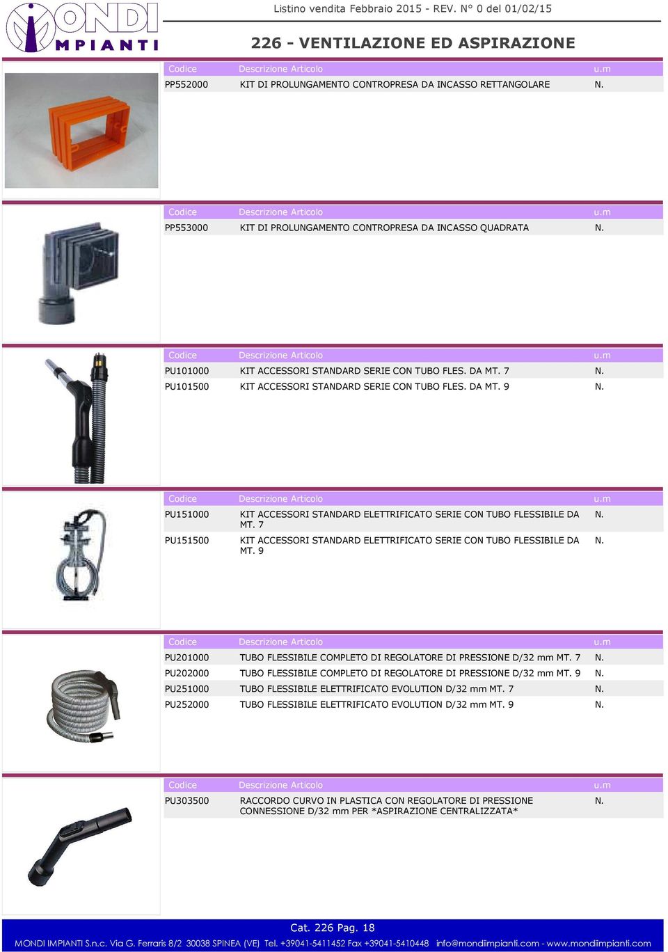 7 KIT ACCESSORI STANDARD ELETTRIFICATO SERIE CON TUBO FLESSIBILE DA MT. 9 PU201000 TUBO FLESSIBILE COMPLETO DI REGOLATORE DI PRESSIONE D/32 mm MT.