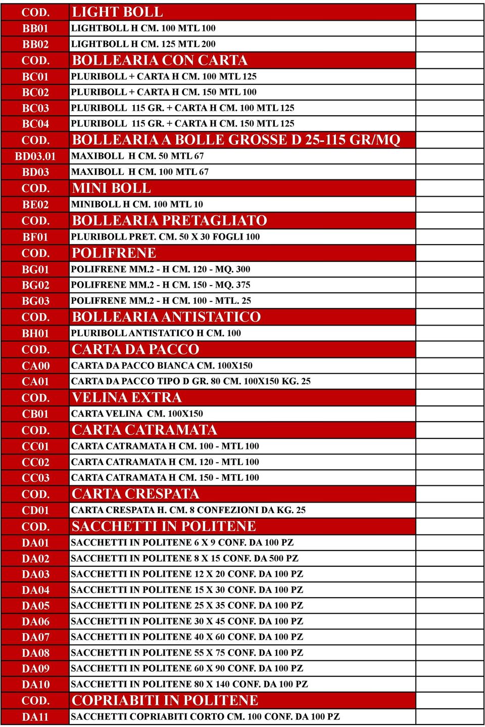 50 MTL 67 BD03 MAXIBOLL H CM. 100 MTL 67 MINI BOLL BE02 MINIBOLL H CM. 100 MTL 10 BOLLEARIA PRETAGLIATO BF01 PLURIBOLL PRET. CM. 50 X 30 FOGLI 100 POLIFRENE BG01 POLIFRENE MM.2 - H CM. 120 - MQ.