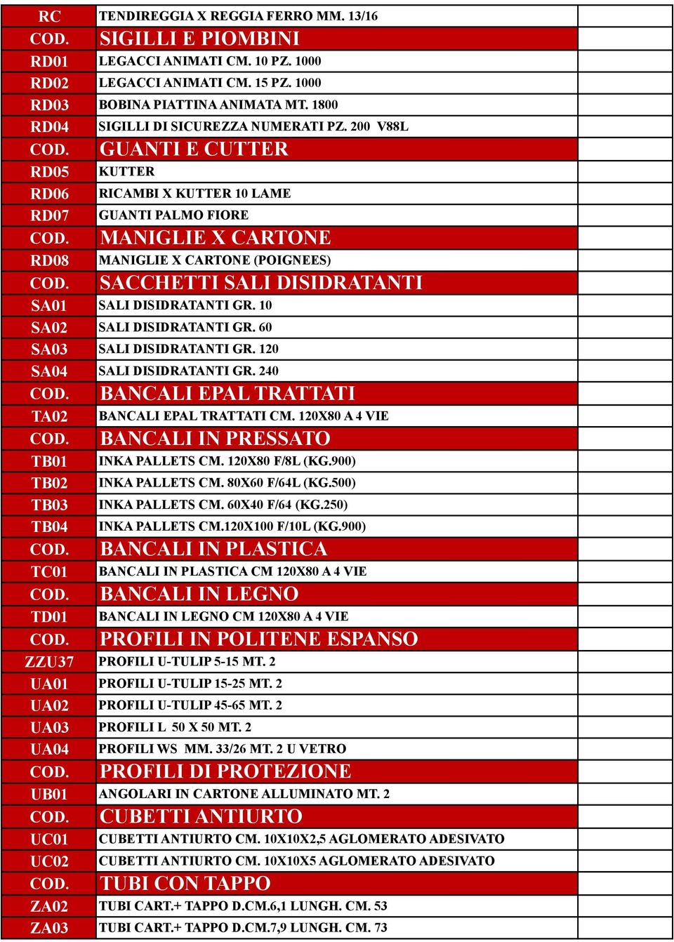 200 V88L GUANTI E CUTTER RD05 KUTTER RD06 RICAMBI X KUTTER 10 LAME RD07 GUANTI PALMO FIORE MANIGLIE X CARTONE RD08 MANIGLIE X CARTONE (POIGNEES) SA01 SALI DISIDRATANTI GR.