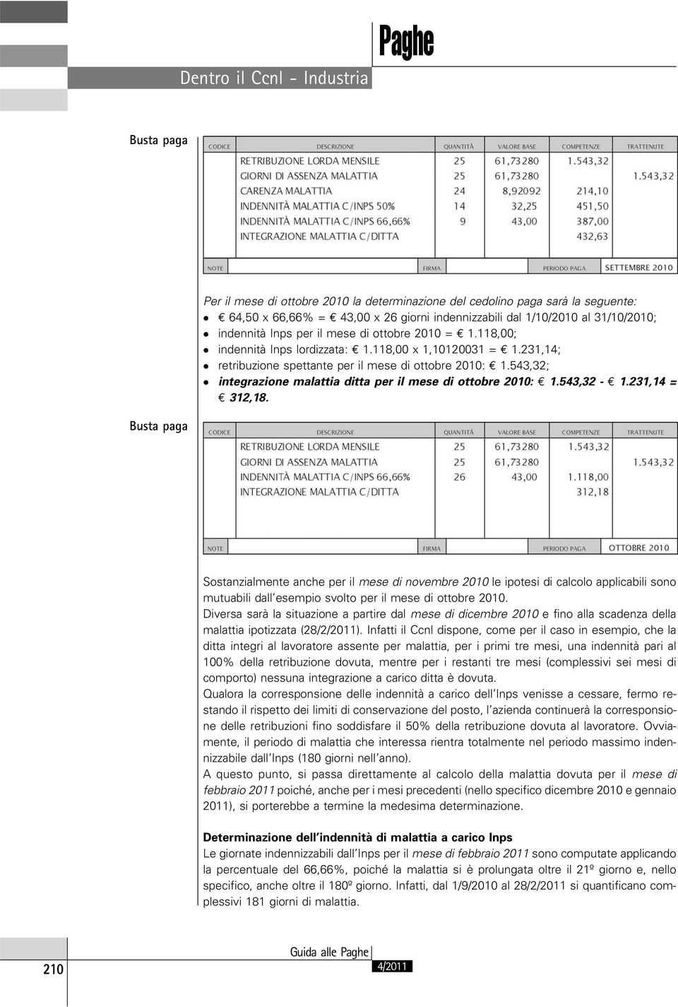 543,32; integrazione malattia ditta per il mese di ottobre 2010: E 1.543,32 - E 1.231,14 = E 312,18.