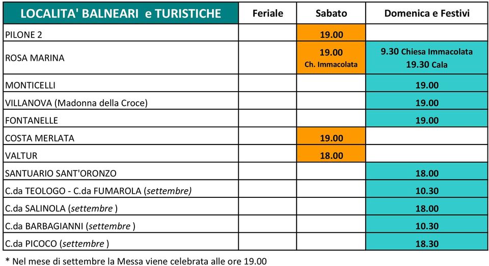 00 SANTUARIO SANT'ORONZO 18.00 C.da TEOLOGO - C.da FUMAROLA (settembre) 10.30 C.da SALINOLA (settembre ) 18.00 C.da BARBAGIANNI (settembre ) 10.