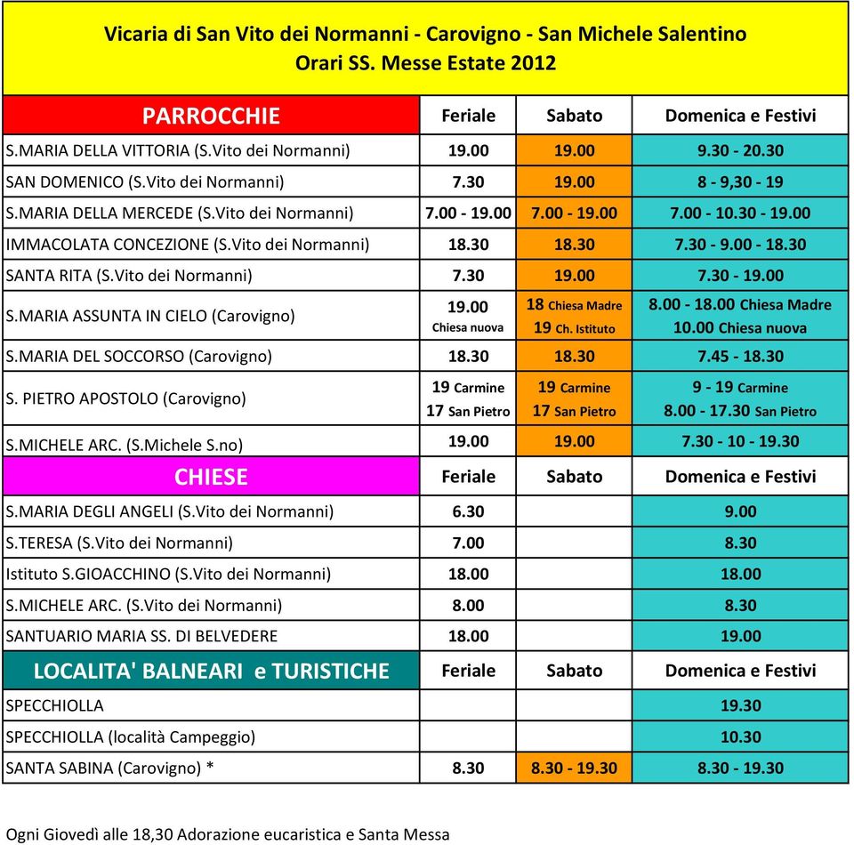 Vito dei Normanni) 7.30 7.30 S.MARIA ASSUNTA IN CIELO (Carovigno) Chiesa nuova 18 Chiesa Madre 19 Ch. Istituto 8.00 18.00 Chiesa Madre 10.00 Chiesa nuova S.MARIA DEL SOCCORSO (Carovigno) 18.30 18.