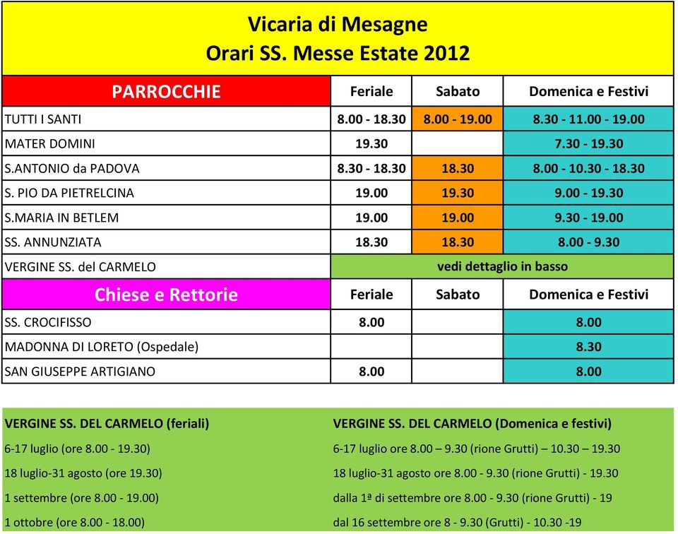 CROCIFISSO 8.00 8.00 MADONNA DI LORETO (Ospedale) 8.30 SAN GIUSEPPE ARTIGIANO 8.00 8.00 VERGINE SS. DEL CARMELO (feriali) VERGINE SS. DEL CARMELO (Domenica e festivi) 6-17 luglio (ore 8.00-19.