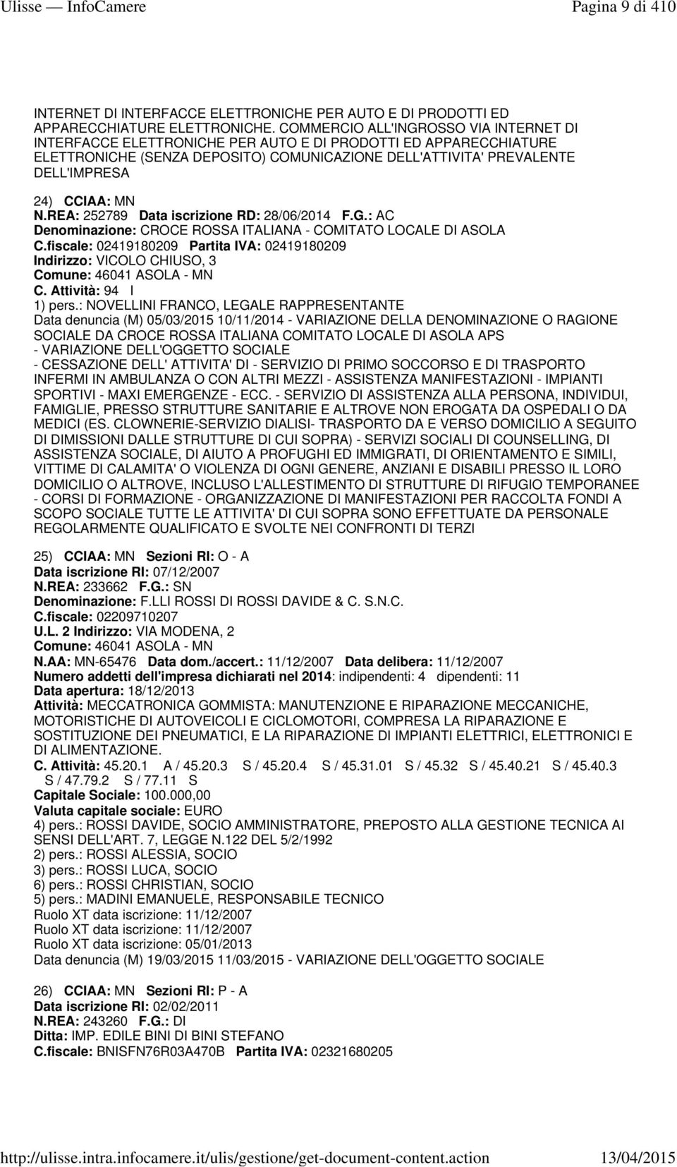 MN N.REA: 252789 Data iscrizione RD: 28/06/2014 F.G.: AC Denominazione: CROCE ROSSA ITALIANA - COMITATO LOCALE DI ASOLA C.