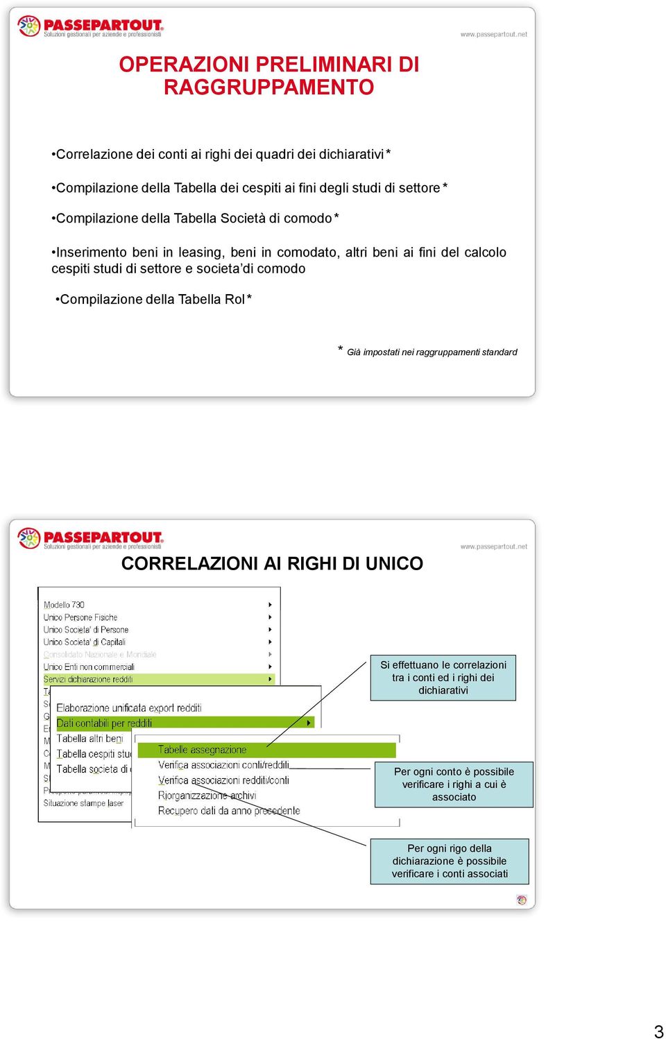 societa di comodo Compilazione della Tabella Rol* * Già impostati nei raggruppamenti standard CORRELAZIONI AI RIGHI DI UNICO Si effettuano le correlazioni tra i