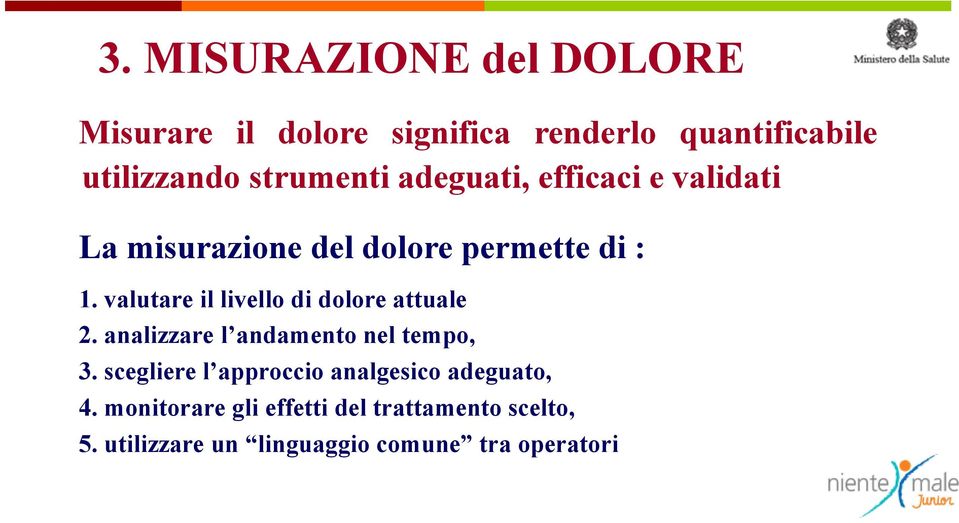 valutare il livello di dolore attuale 2. analizzare l andamento nel tempo, 3.