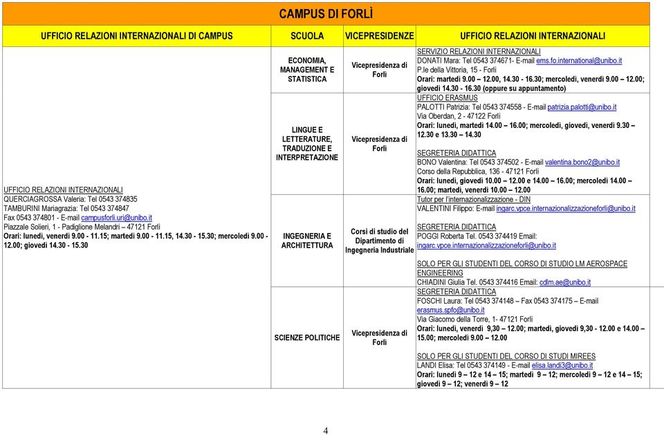 30; mercoledì 9.00-12.00; giovedì 14.30-15.