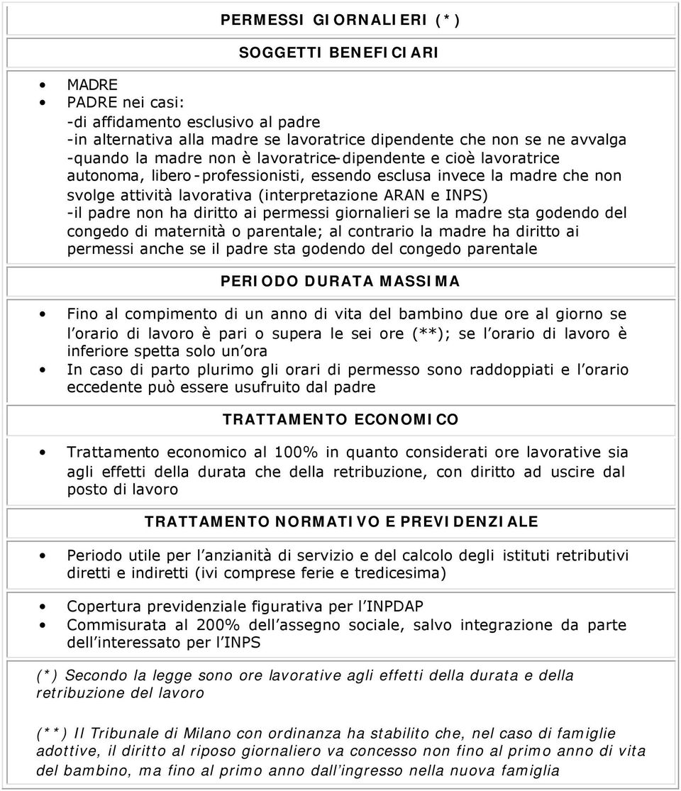 ai permessi giornalieri se la madre sta godendo del congedo di maternità o parentale; al contrario la madre ha diritto ai permessi anche se il padre sta godendo del congedo parentale PERIODO DURATA