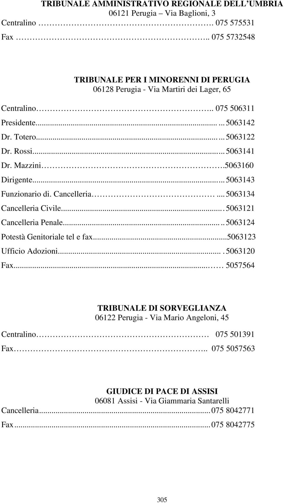 ..... 5063141 Dr. Mazzini.5063160 Dirigente...... 5063143 Funzionario di. Cancelleria... 5063134 Cancelleria Civile.... 5063121 Cancelleria Penale..... 5063124 Potestà Genitoriale tel e fax.