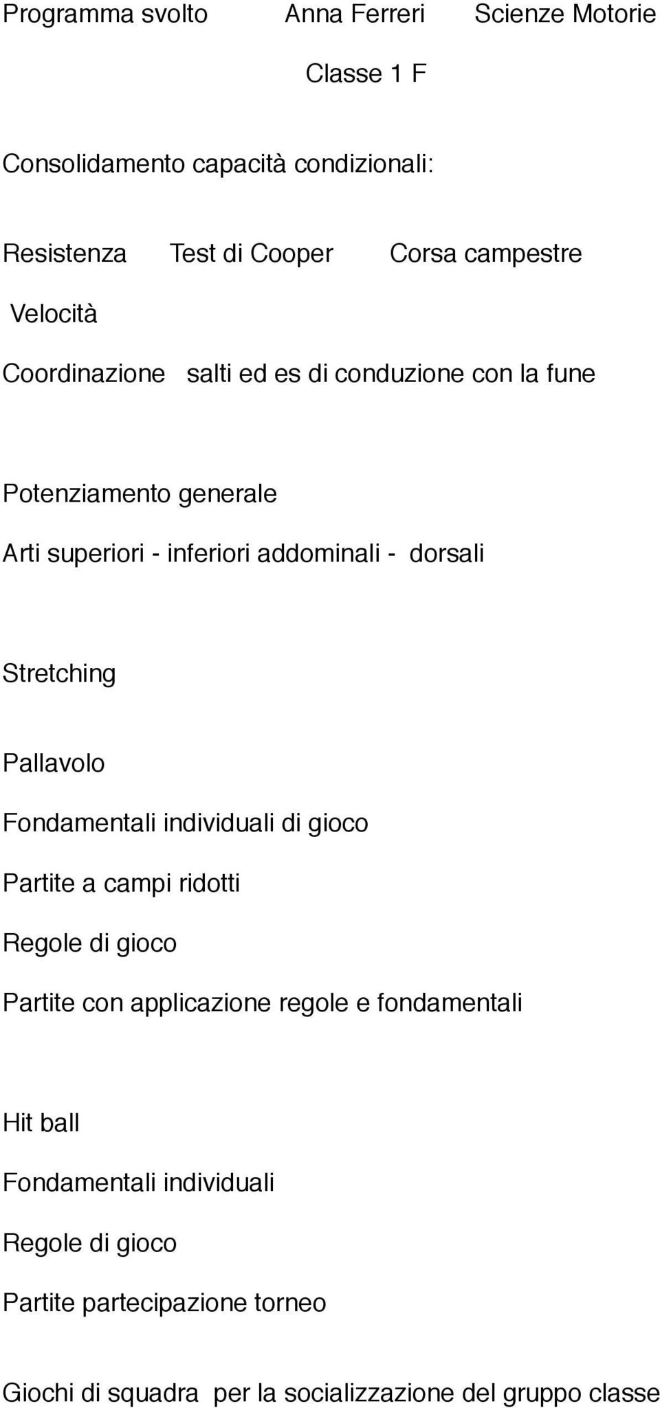 dorsali Pallavolo Fondamentali individuali di gioco Partite a campi ridotti Regole di gioco Partite con applicazione regole e