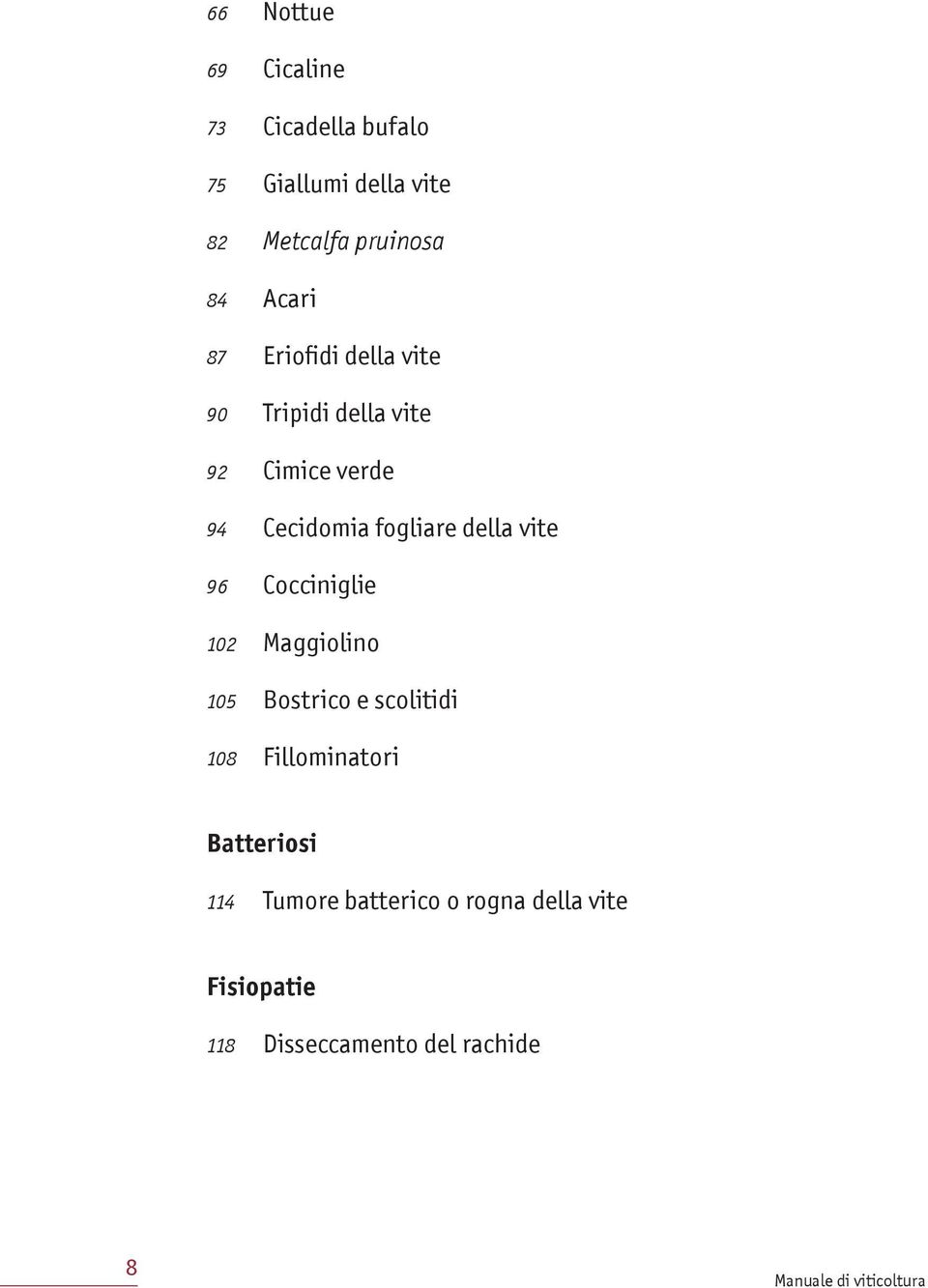 96 Cocciniglie 102 Maggiolino 105 Bostrico e scolitidi 108 Fillominatori Batteriosi 114 Tumore